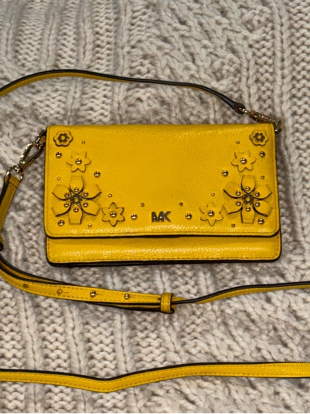 Michael Kors Yellow Floral Leather Appliqué Crossbody Bag